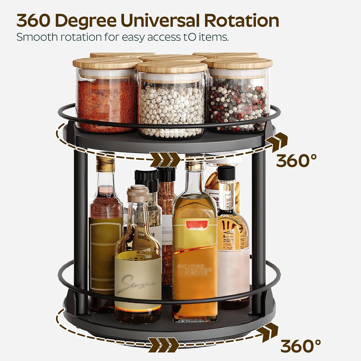3-Tier Lazy Susan Organizer, Rotating Spice Rack, Spinning Organizer, Industrial Turntable Spice Rack Organizer for Cabinet, Kitchen Countertop, Pantry, Rustic Brown and Black SR23BR