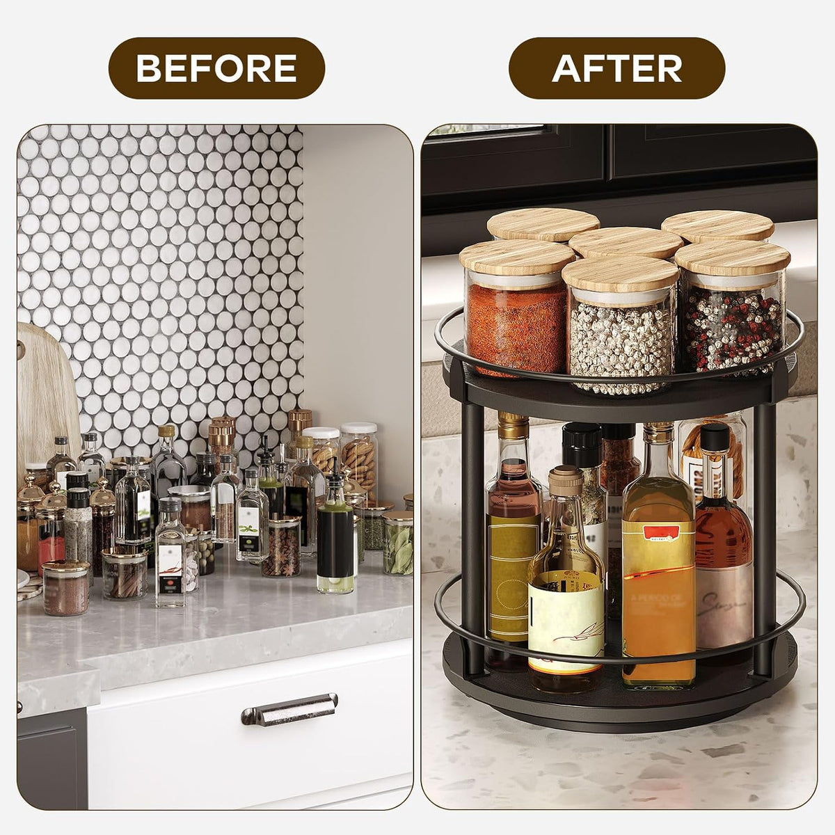 3-Tier Lazy Susan Organizer, Rotating Spice Rack, Spinning Organizer, Industrial Turntable Spice Rack Organizer for Cabinet, Kitchen Countertop, Pantry, Rustic Brown and Black SR23BR
