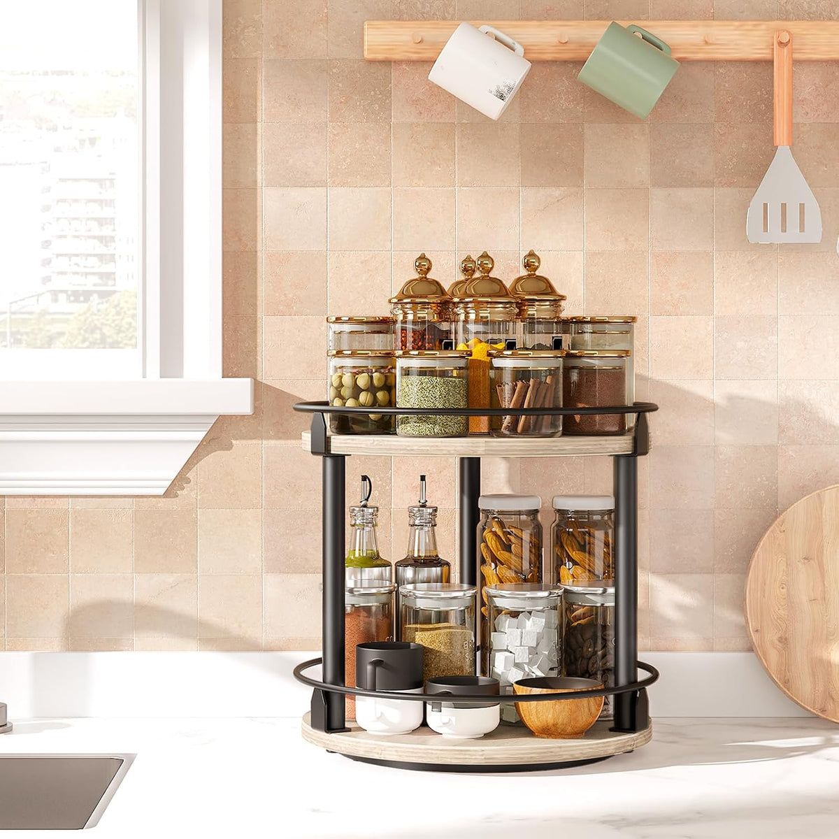 3-Tier Lazy Susan Organizer, Rotating Spice Rack, Spinning Organizer, Industrial Turntable Spice Rack Organizer for Cabinet, Kitchen Countertop, Pantry, Rustic Brown and Black SR23BR