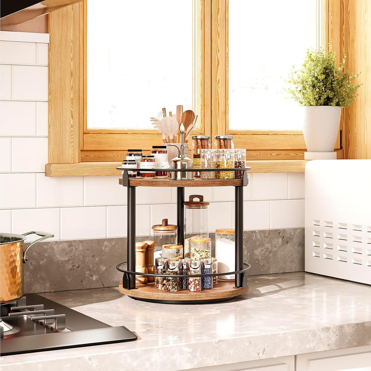 3-Tier Lazy Susan Organizer, Rotating Spice Rack, Spinning Organizer, Industrial Turntable Spice Rack Organizer for Cabinet, Kitchen Countertop, Pantry, Rustic Brown and Black SR23BR