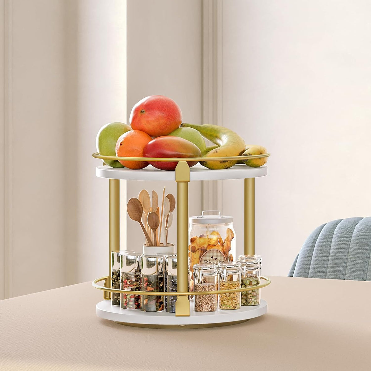 3-Tier Lazy Susan Organizer, Rotating Spice Rack, Spinning Organizer, Industrial Turntable Spice Rack Organizer for Cabinet, Kitchen Countertop, Pantry, Rustic Brown and Black SR23BR