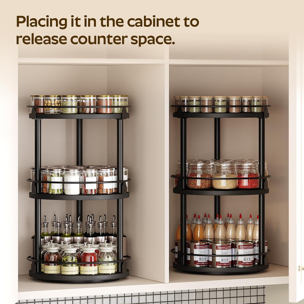 3-Tier Lazy Susan Organizer, Rotating Spice Rack, Spinning Organizer, Industrial Turntable Spice Rack Organizer for Cabinet, Kitchen Countertop, Pantry, Rustic Brown and Black SR23BR