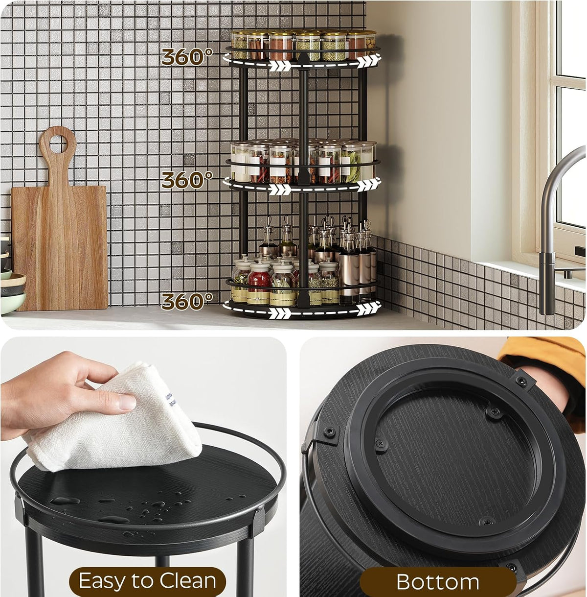 3-Tier Lazy Susan Organizer, Rotating Spice Rack, Spinning Organizer, Industrial Turntable Spice Rack Organizer for Cabinet, Kitchen Countertop, Pantry, Rustic Brown and Black SR23BR