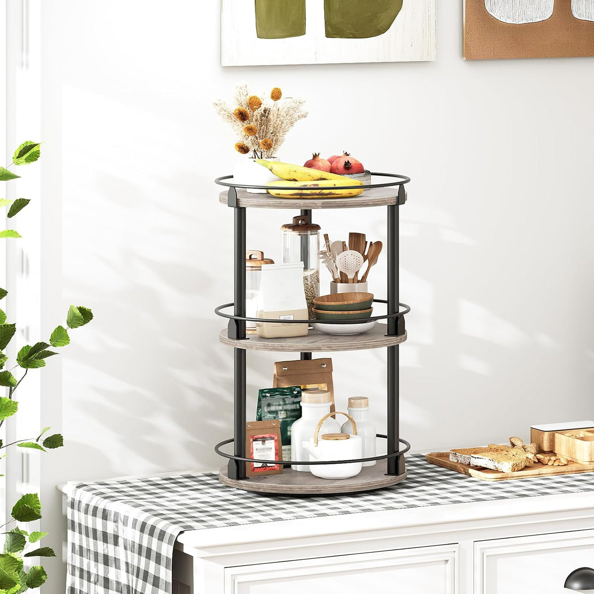 3-Tier Lazy Susan Organizer, Rotating Spice Rack, Spinning Organizer, Industrial Turntable Spice Rack Organizer for Cabinet, Kitchen Countertop, Pantry, Rustic Brown and Black SR23BR