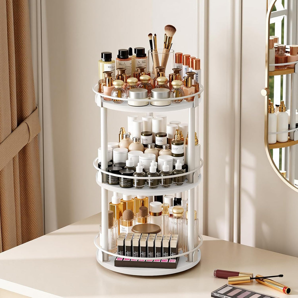 3-Tier Lazy Susan Organizer, Rotating Spice Rack, Spinning Organizer, Industrial Turntable Spice Rack Organizer for Cabinet, Kitchen Countertop, Pantry, Rustic Brown and Black SR23BR