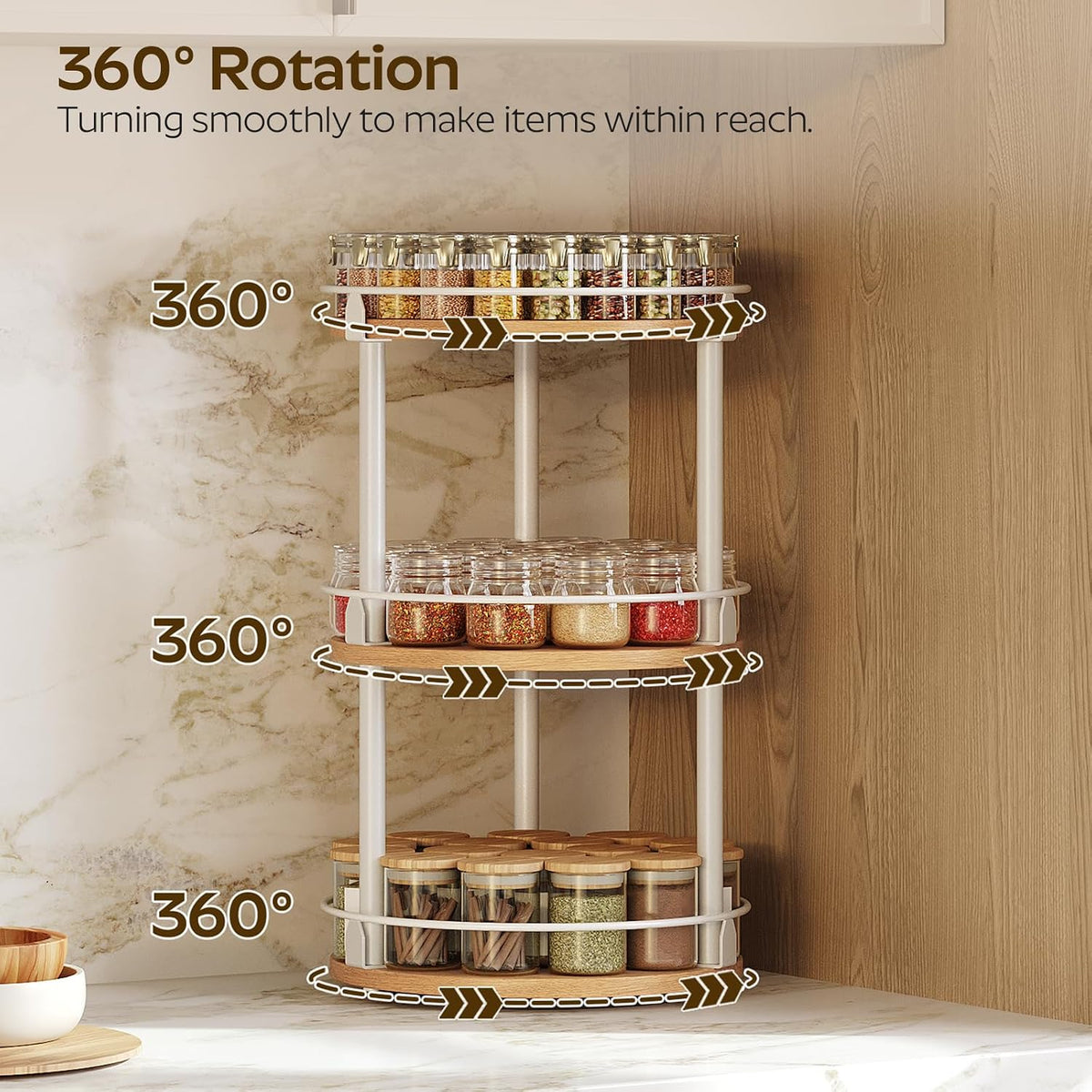 3-Tier Lazy Susan Organizer, Rotating Spice Rack, Spinning Organizer, Industrial Turntable Spice Rack Organizer for Cabinet, Kitchen Countertop, Pantry, Rustic Brown and Black SR23BR