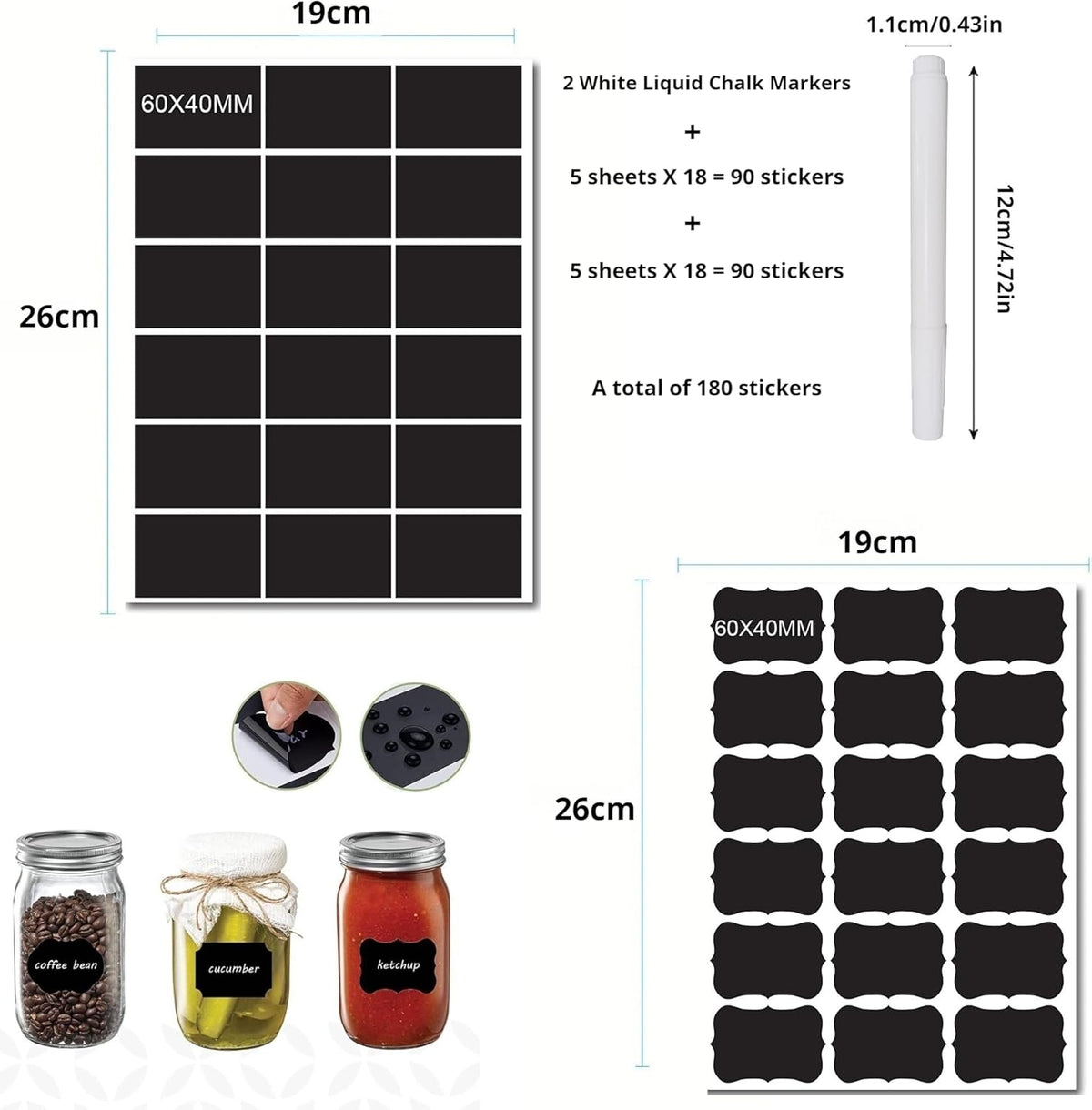 Chalkboard Labels for Food containers, Label Stickers with 2 White Liquid Chalk Markers, Waterproof Reusable Bottle Labels for Jars, Storage Bins