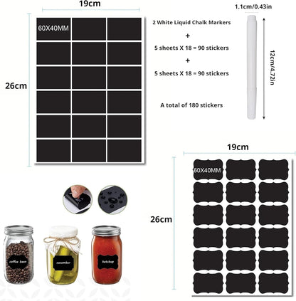 Chalkboard Labels for Food containers, Label Stickers with 2 White Liquid Chalk Markers, Waterproof Reusable Bottle Labels for Jars, Storage Bins