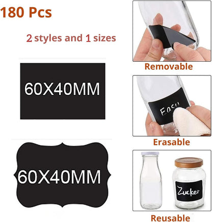 Chalkboard Labels for Food containers, Label Stickers with 2 White Liquid Chalk Markers, Waterproof Reusable Bottle Labels for Jars, Storage Bins