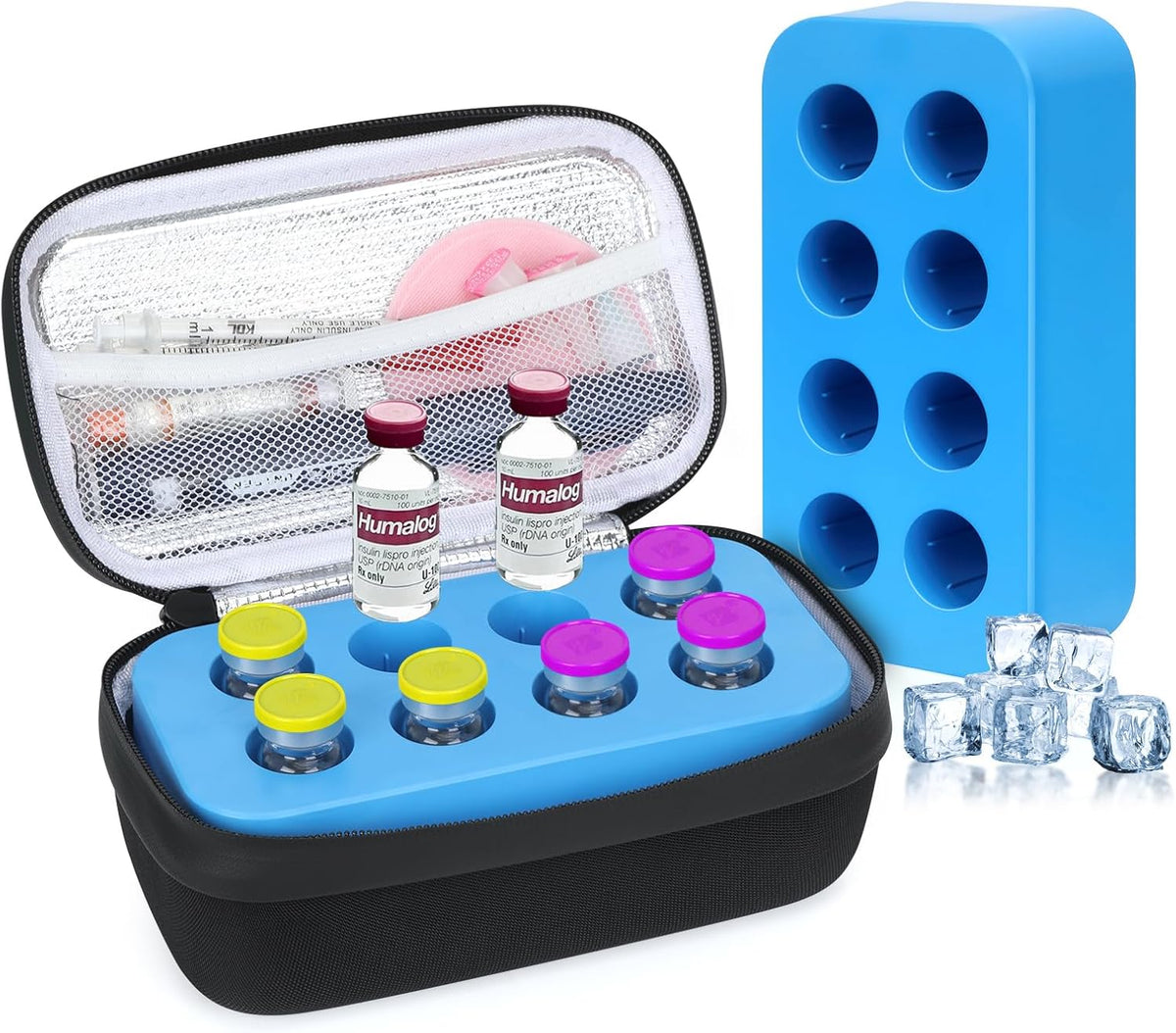 Insulin Vial Cooler Travel Case - 8 Slots Freezable Ice Brick Organizer for Peptide Vials, GLP-1 Fridge Holder Diabetic Small Bottle Refrigerator for 10ml U-100 Vials
