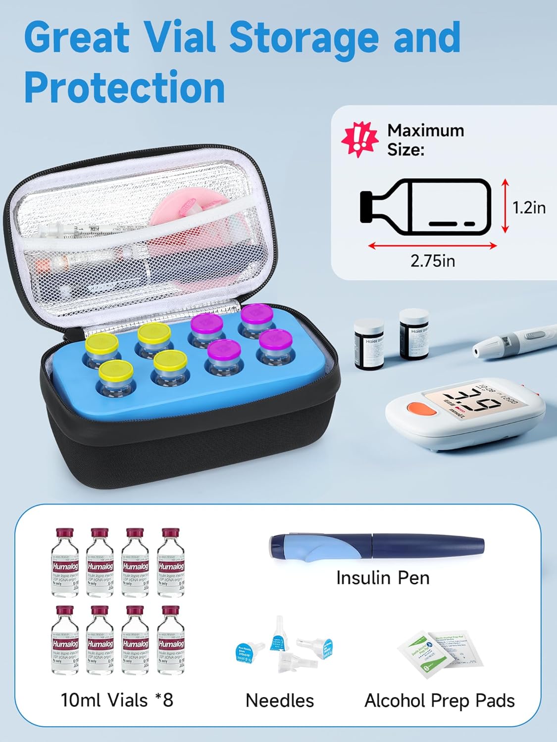Insulin Vial Cooler Travel Case - 8 Slots Freezable Ice Brick Organizer for Peptide Vials, GLP-1 Fridge Holder Diabetic Small Bottle Refrigerator for 10ml U-100 Vials