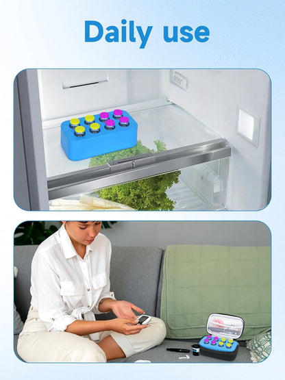 Insulin Vial Cooler Travel Case - 8 Slots Freezable Ice Brick Organizer for Peptide Vials, GLP-1 Fridge Holder Diabetic Small Bottle Refrigerator for 10ml U-100 Vials