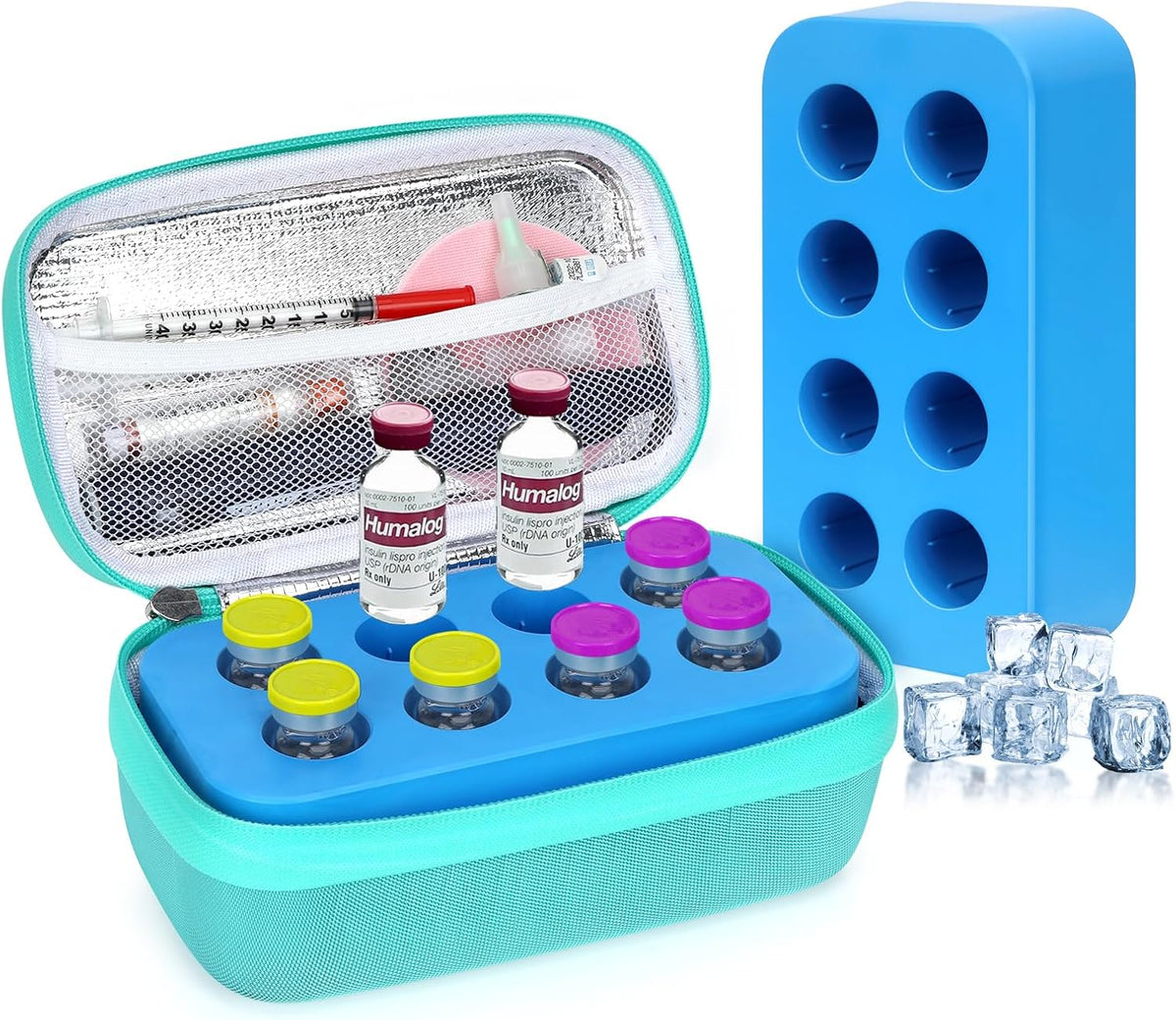 Insulin Vial Cooler Travel Case - 8 Slots Freezable Ice Brick Organizer for Peptide Vials, GLP-1 Fridge Holder Diabetic Small Bottle Refrigerator for 10ml U-100 Vials