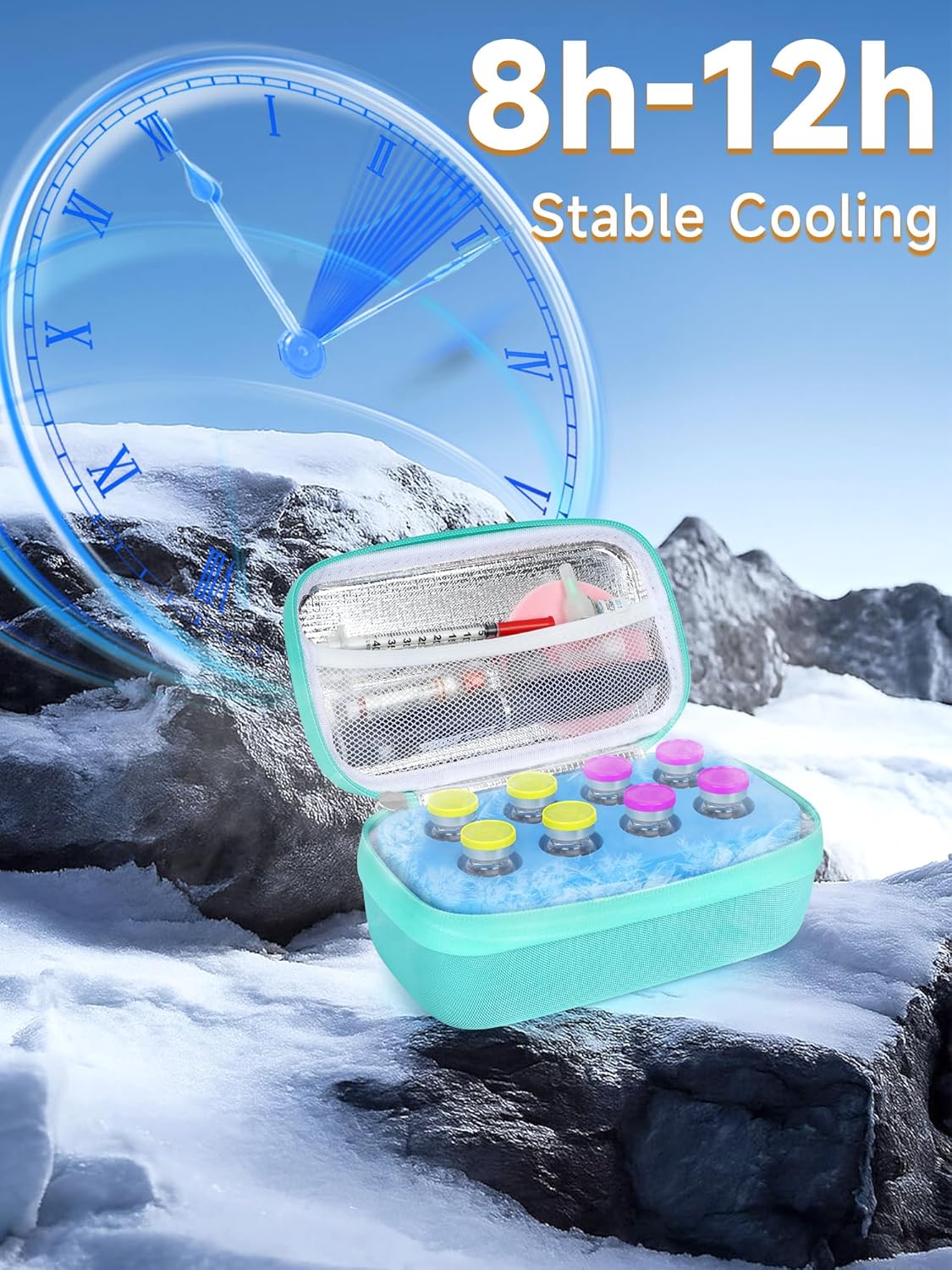 Insulin Vial Cooler Travel Case - 8 Slots Freezable Ice Brick Organizer for Peptide Vials, GLP-1 Fridge Holder Diabetic Small Bottle Refrigerator for 10ml U-100 Vials