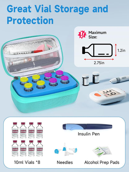 Insulin Vial Cooler Travel Case - 8 Slots Freezable Ice Brick Organizer for Peptide Vials, GLP-1 Fridge Holder Diabetic Small Bottle Refrigerator for 10ml U-100 Vials