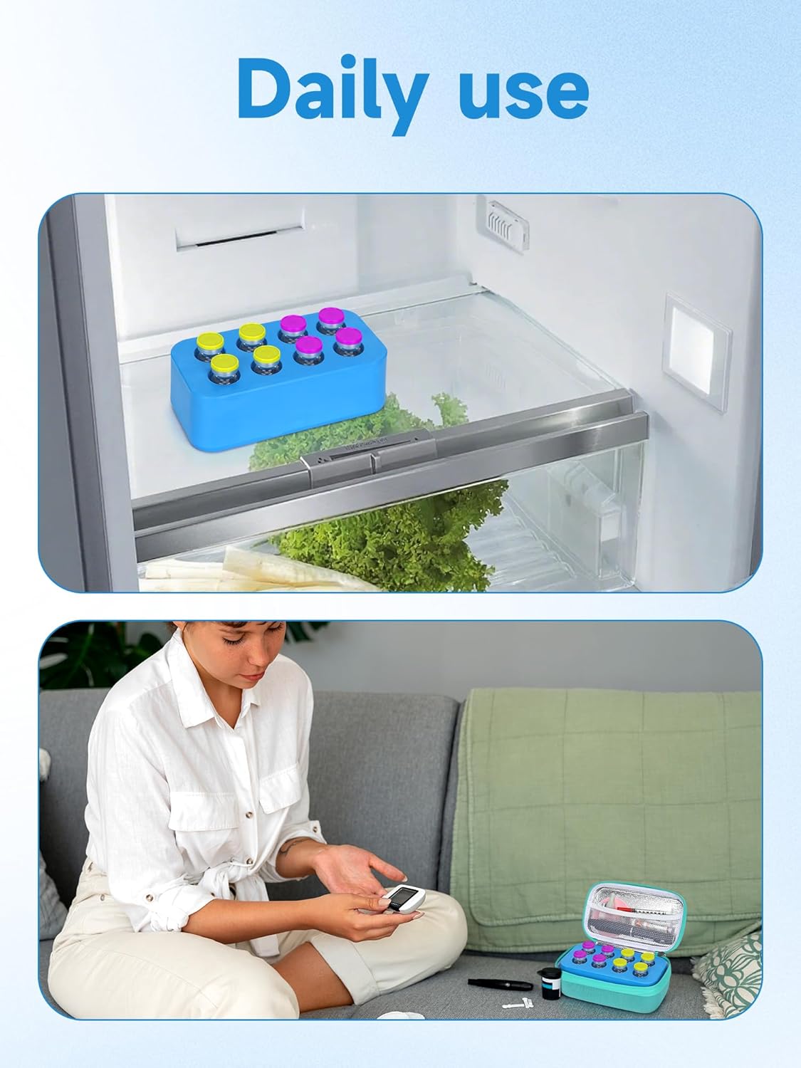 Insulin Vial Cooler Travel Case - 8 Slots Freezable Ice Brick Organizer for Peptide Vials, GLP-1 Fridge Holder Diabetic Small Bottle Refrigerator for 10ml U-100 Vials