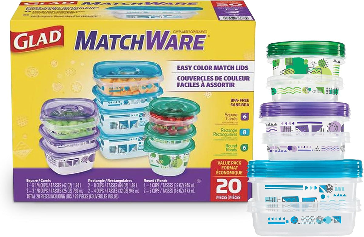 Glad GladWare MatchWare Food Storage Containers, 20 Piece Variety Pack | BPA-free, leak-resistant containers for lunches, meal prep, and leftovers; microwave and dishwasher safe