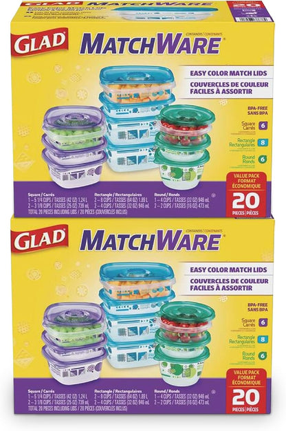 Glad GladWare MatchWare Food Storage Containers, 20 Piece Variety Pack | BPA-free, leak-resistant containers for lunches, meal prep, and leftovers; microwave and dishwasher safe