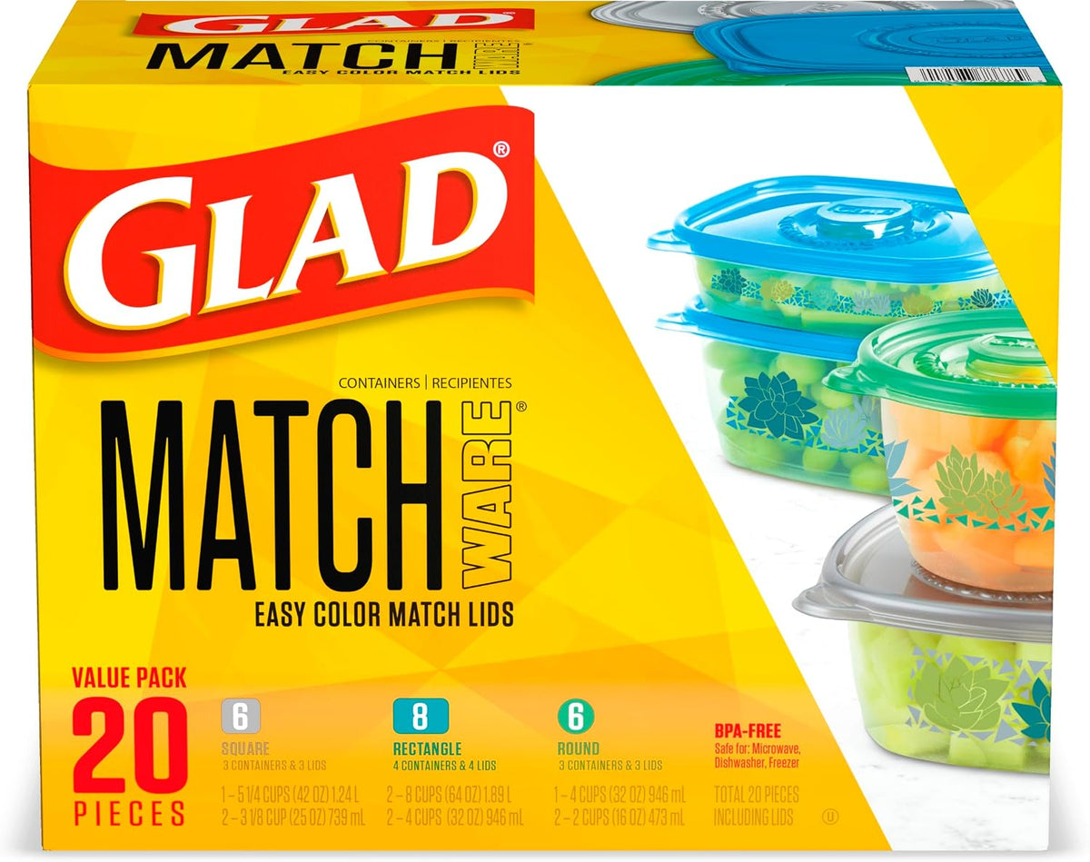 Glad GladWare MatchWare Food Storage Containers, 20 Piece Variety Pack | BPA-free, leak-resistant containers for lunches, meal prep, and leftovers; microwave and dishwasher safe