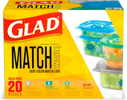 Glad GladWare MatchWare Food Storage Containers, 20 Piece Variety Pack | BPA-free, leak-resistant containers for lunches, meal prep, and leftovers; microwave and dishwasher safe