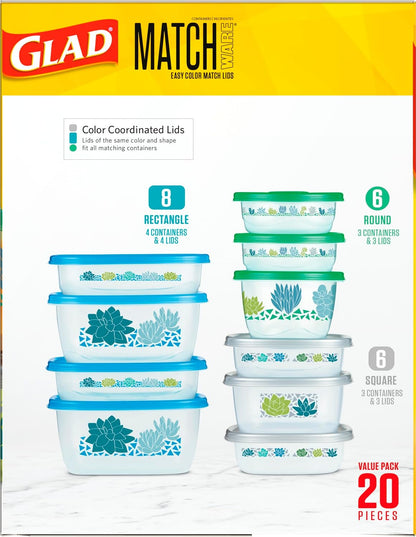 Glad GladWare MatchWare Food Storage Containers, 20 Piece Variety Pack | BPA-free, leak-resistant containers for lunches, meal prep, and leftovers; microwave and dishwasher safe