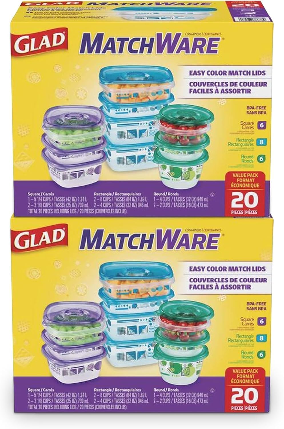 Glad GladWare MatchWare Food Storage Containers, 20 Piece Variety Pack | BPA-free, leak-resistant containers for lunches, meal prep, and leftovers; microwave and dishwasher safe