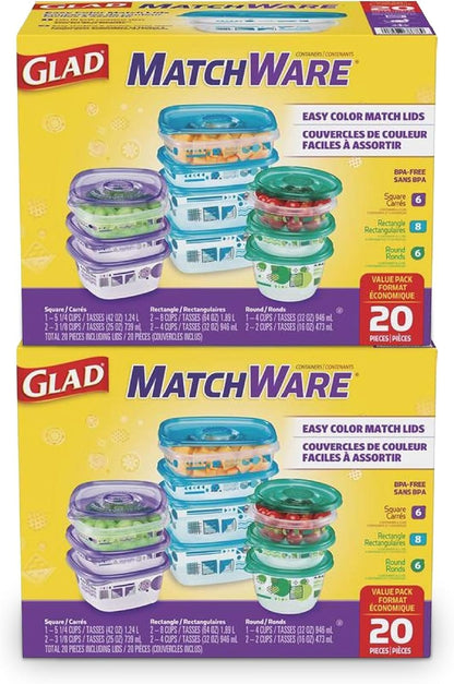 Glad GladWare MatchWare Food Storage Containers, 20 Piece Variety Pack | BPA-free, leak-resistant containers for lunches, meal prep, and leftovers; microwave and dishwasher safe