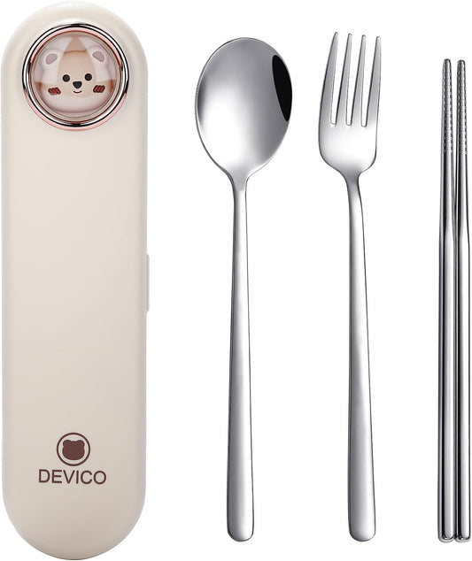 Travel Utensils with Case Cute, Reusable Silverware for Lunch, 4Pcs Portable Cutlery Set, 18/8 Stainless Steel Fork Spoon Chopsticks in Cartoon Case, Dishwasher Safe (Light Yellow)