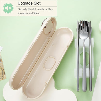 Travel Utensils with Case Cute, Reusable Silverware for Lunch, 4Pcs Portable Cutlery Set, 18/8 Stainless Steel Fork Spoon Chopsticks in Cartoon Case, Dishwasher Safe (Light Yellow)