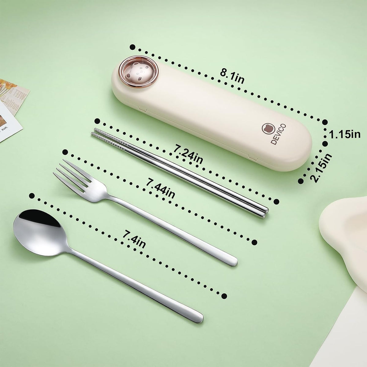 Travel Utensils with Case Cute, Reusable Silverware for Lunch, 4Pcs Portable Cutlery Set, 18/8 Stainless Steel Fork Spoon Chopsticks in Cartoon Case, Dishwasher Safe (Light Yellow)