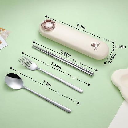 Travel Utensils with Case Cute, Reusable Silverware for Lunch, 4Pcs Portable Cutlery Set, 18/8 Stainless Steel Fork Spoon Chopsticks in Cartoon Case, Dishwasher Safe (Light Yellow)