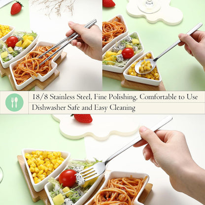 Travel Utensils with Case Cute, Reusable Silverware for Lunch, 4Pcs Portable Cutlery Set, 18/8 Stainless Steel Fork Spoon Chopsticks in Cartoon Case, Dishwasher Safe (Light Yellow)