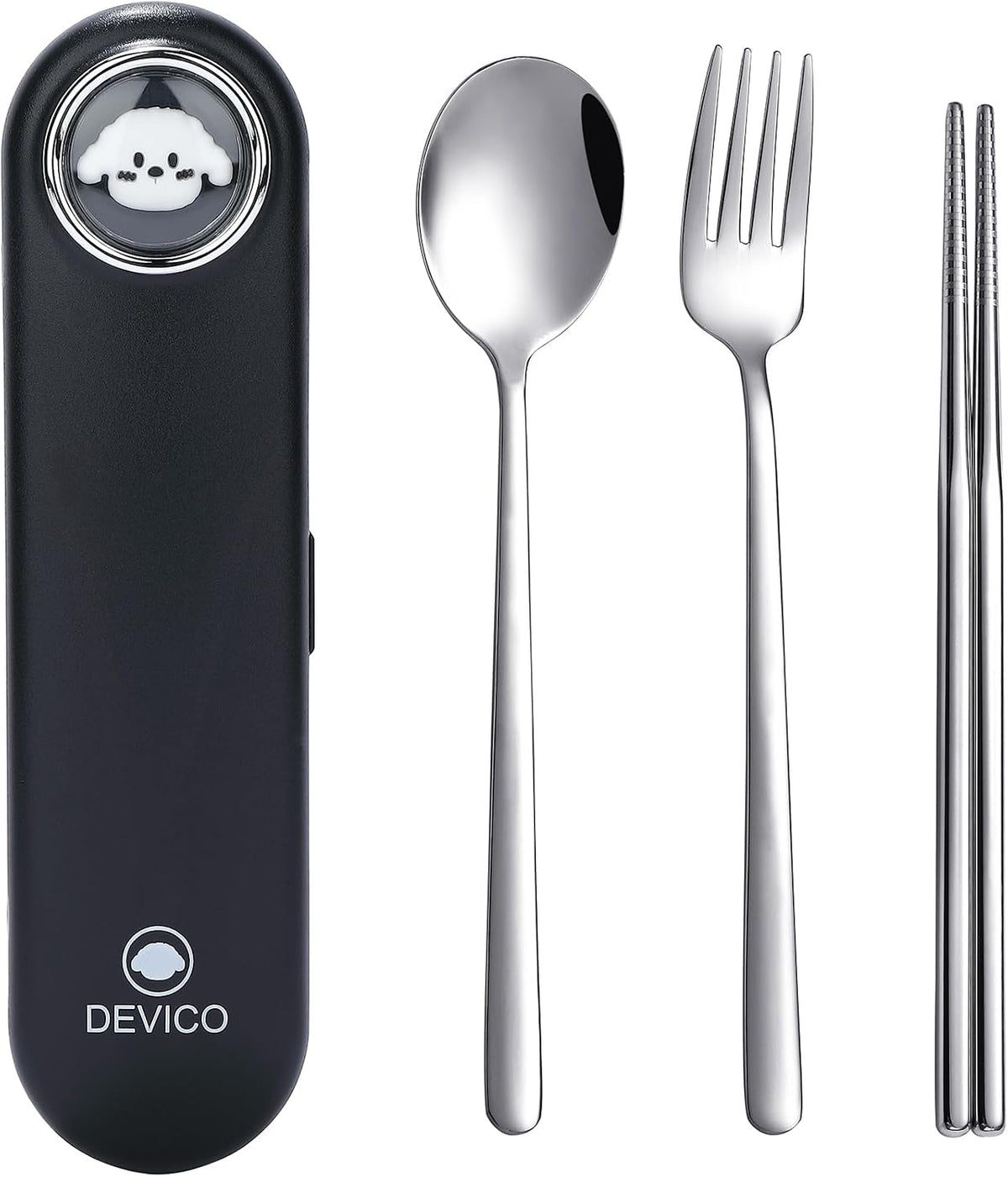 Travel Utensils with Case Cute, Reusable Silverware for Lunch, 4Pcs Portable Cutlery Set, 18/8 Stainless Steel Fork Spoon Chopsticks in Cartoon Case, Dishwasher Safe (Light Yellow)