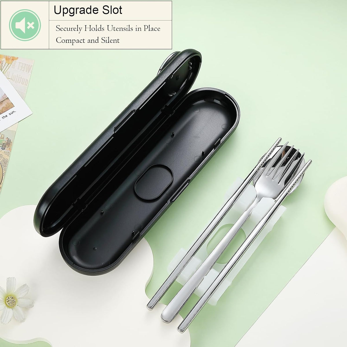Travel Utensils with Case Cute, Reusable Silverware for Lunch, 4Pcs Portable Cutlery Set, 18/8 Stainless Steel Fork Spoon Chopsticks in Cartoon Case, Dishwasher Safe (Light Yellow)