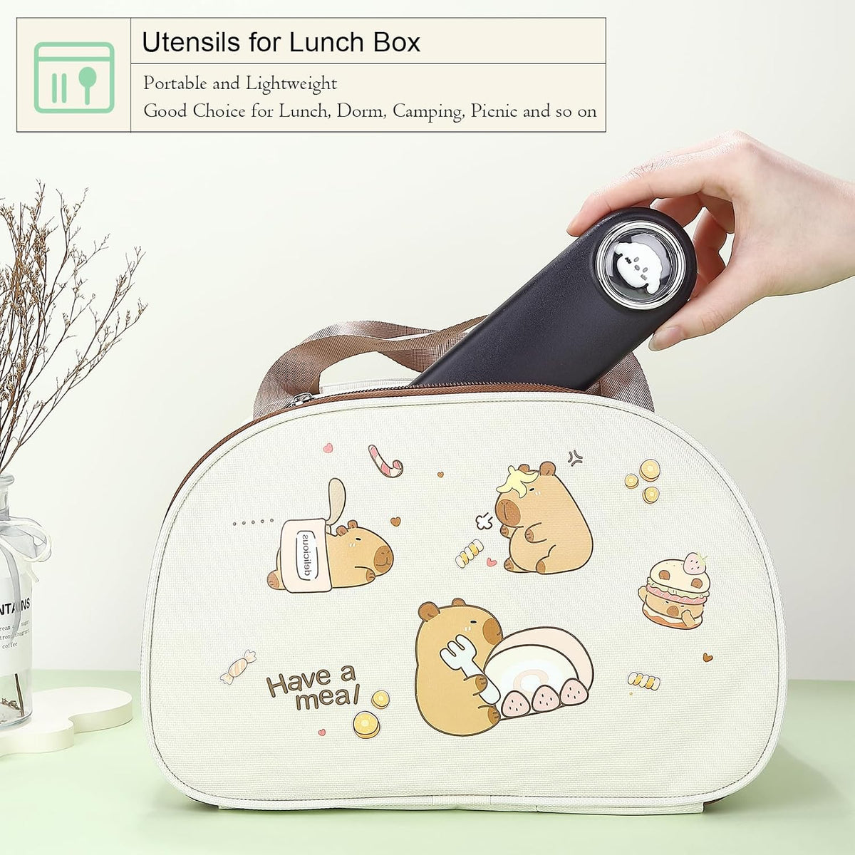 Travel Utensils with Case Cute, Reusable Silverware for Lunch, 4Pcs Portable Cutlery Set, 18/8 Stainless Steel Fork Spoon Chopsticks in Cartoon Case, Dishwasher Safe (Light Yellow)