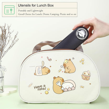 Travel Utensils with Case Cute, Reusable Silverware for Lunch, 4Pcs Portable Cutlery Set, 18/8 Stainless Steel Fork Spoon Chopsticks in Cartoon Case, Dishwasher Safe (Light Yellow)