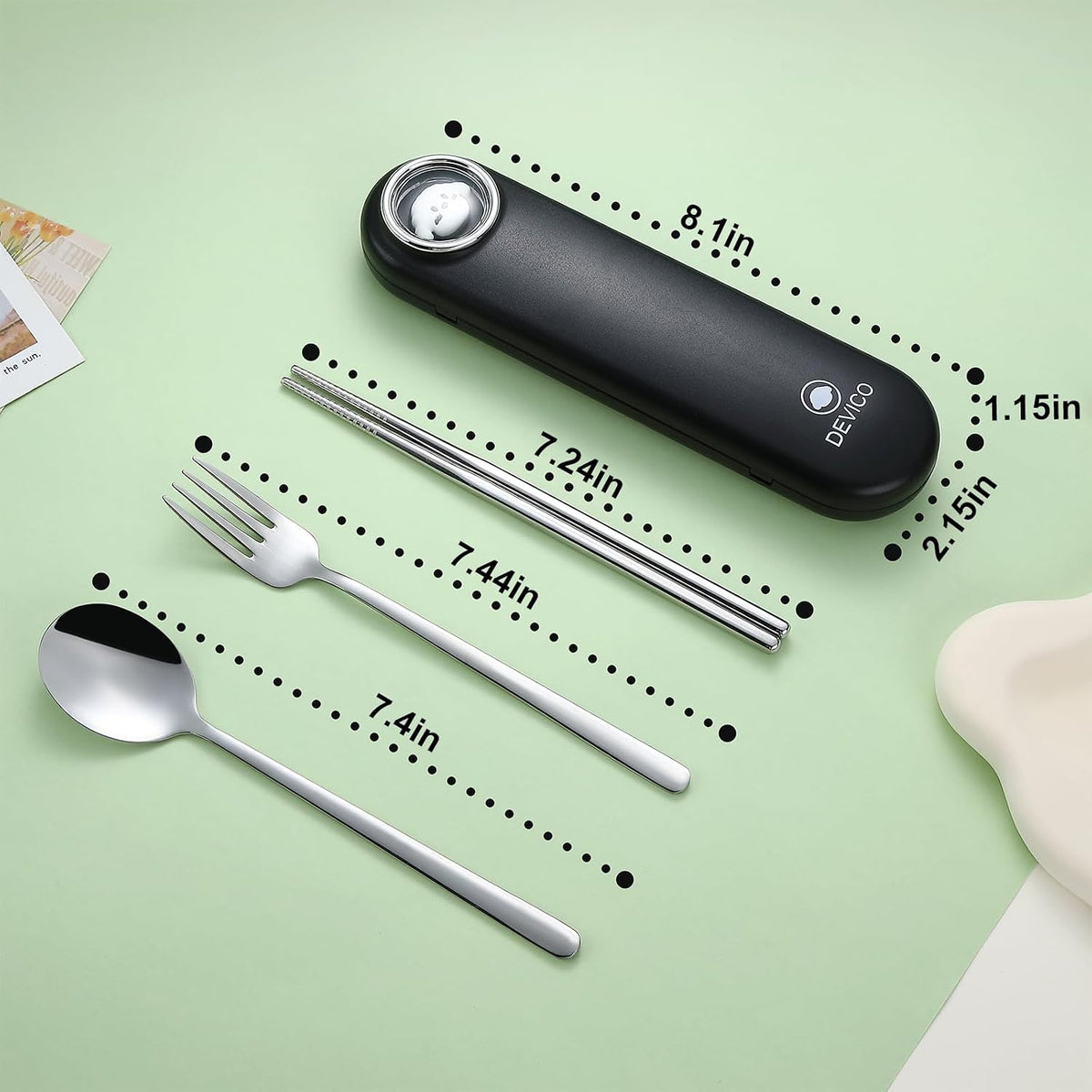 Travel Utensils with Case Cute, Reusable Silverware for Lunch, 4Pcs Portable Cutlery Set, 18/8 Stainless Steel Fork Spoon Chopsticks in Cartoon Case, Dishwasher Safe (Light Yellow)