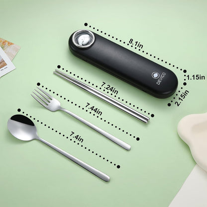 Travel Utensils with Case Cute, Reusable Silverware for Lunch, 4Pcs Portable Cutlery Set, 18/8 Stainless Steel Fork Spoon Chopsticks in Cartoon Case, Dishwasher Safe (Light Yellow)