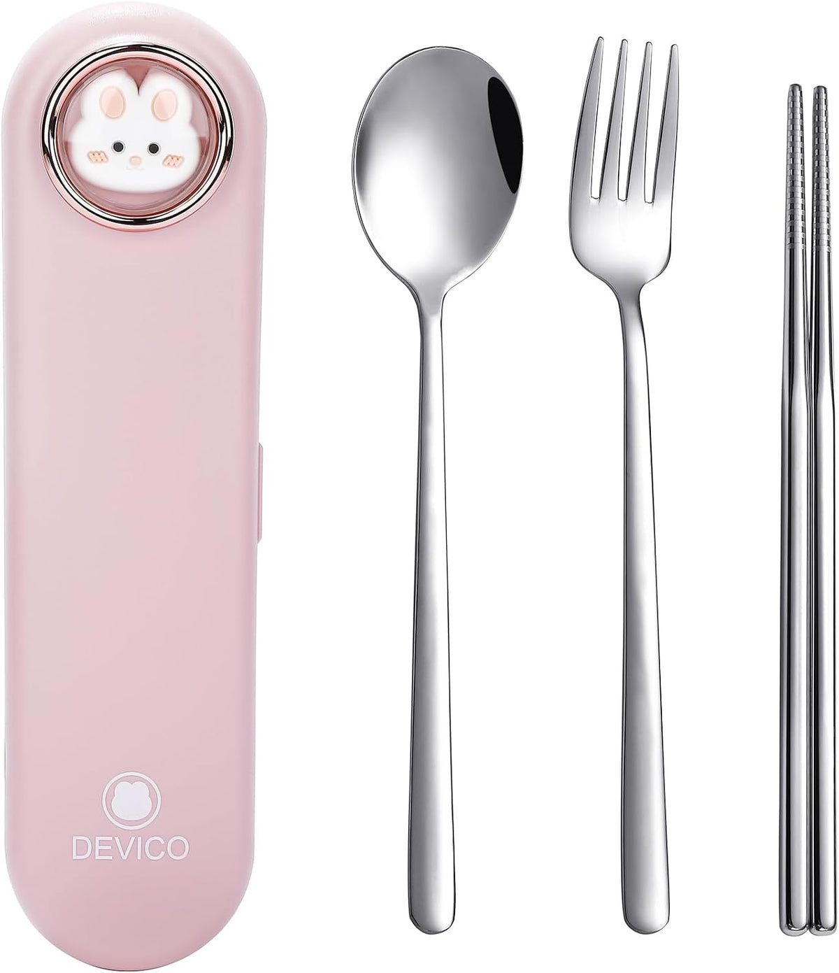 Travel Utensils with Case Cute, Reusable Silverware for Lunch, 4Pcs Portable Cutlery Set, 18/8 Stainless Steel Fork Spoon Chopsticks in Cartoon Case, Dishwasher Safe (Light Yellow)