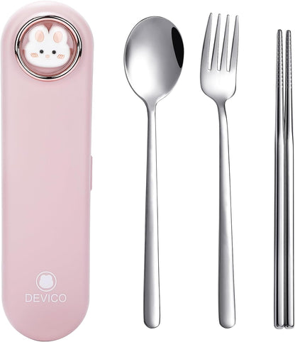 Travel Utensils with Case Cute, Reusable Silverware for Lunch, 4Pcs Portable Cutlery Set, 18/8 Stainless Steel Fork Spoon Chopsticks in Cartoon Case, Dishwasher Safe (Light Yellow)