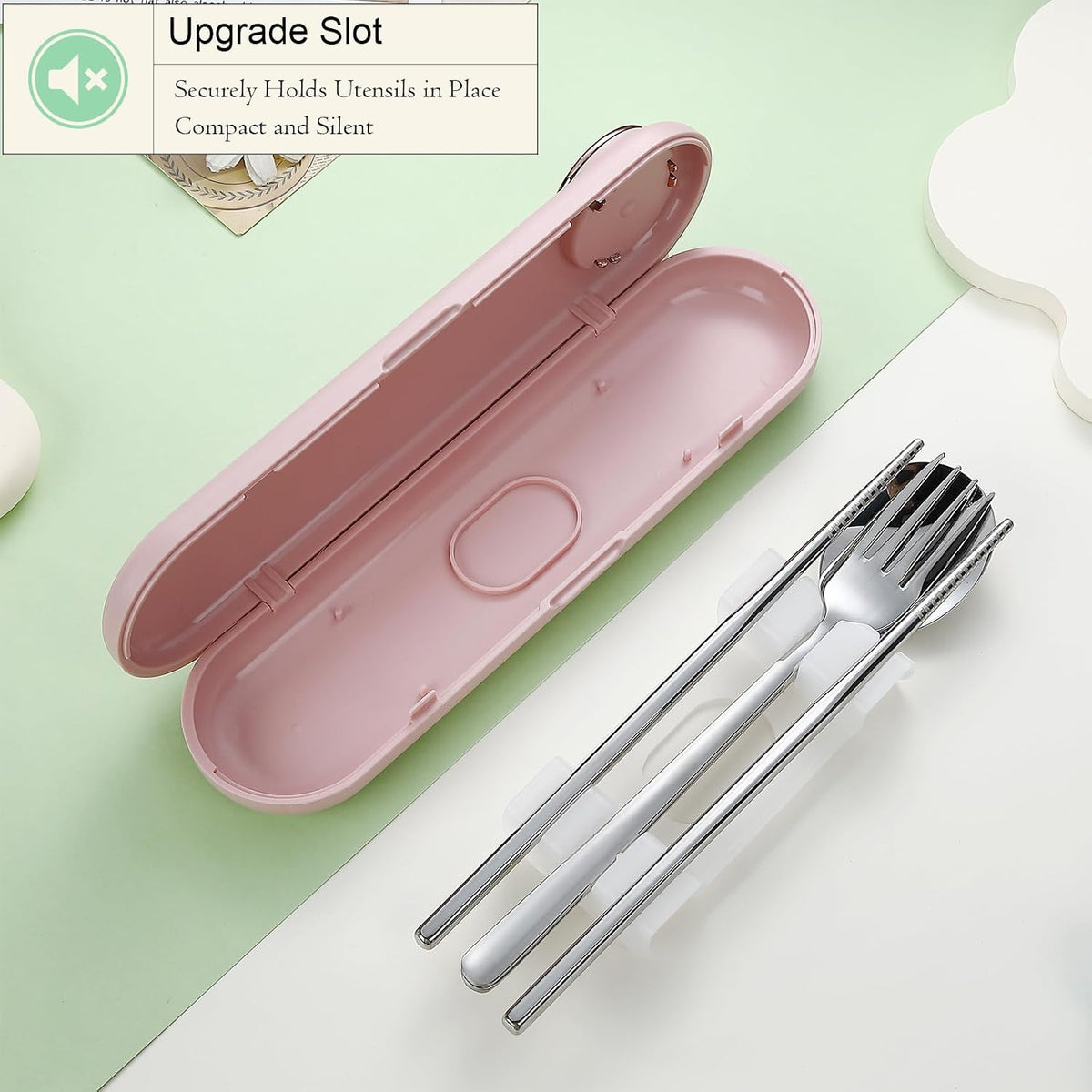Travel Utensils with Case Cute, Reusable Silverware for Lunch, 4Pcs Portable Cutlery Set, 18/8 Stainless Steel Fork Spoon Chopsticks in Cartoon Case, Dishwasher Safe (Light Yellow)
