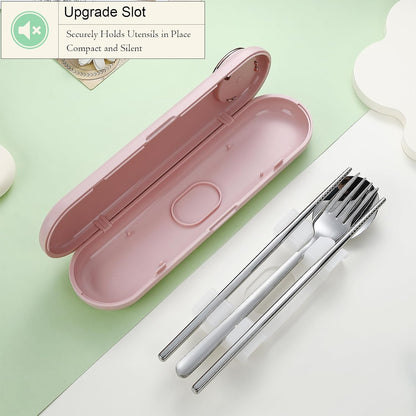Travel Utensils with Case Cute, Reusable Silverware for Lunch, 4Pcs Portable Cutlery Set, 18/8 Stainless Steel Fork Spoon Chopsticks in Cartoon Case, Dishwasher Safe (Light Yellow)