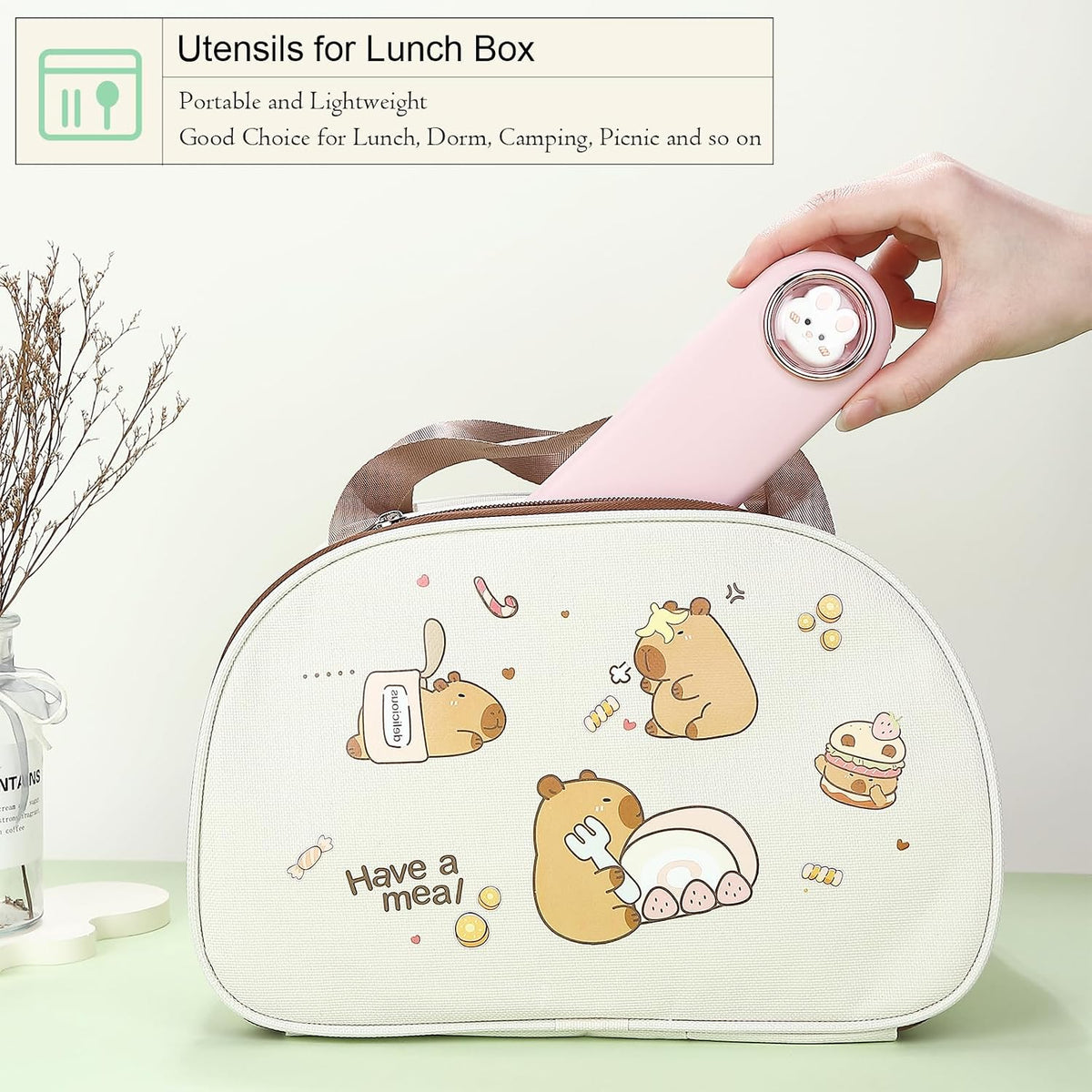 Travel Utensils with Case Cute, Reusable Silverware for Lunch, 4Pcs Portable Cutlery Set, 18/8 Stainless Steel Fork Spoon Chopsticks in Cartoon Case, Dishwasher Safe (Light Yellow)