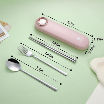Travel Utensils with Case Cute, Reusable Silverware for Lunch, 4Pcs Portable Cutlery Set, 18/8 Stainless Steel Fork Spoon Chopsticks in Cartoon Case, Dishwasher Safe (Light Yellow)