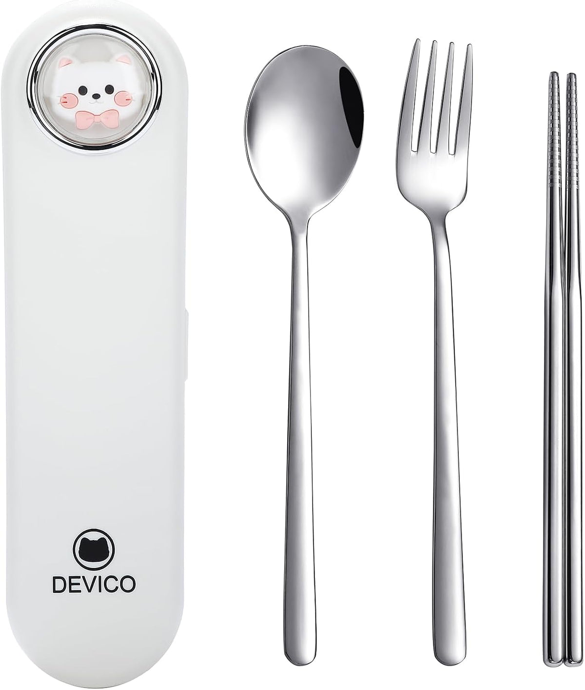 Travel Utensils with Case Cute, Reusable Silverware for Lunch, 4Pcs Portable Cutlery Set, 18/8 Stainless Steel Fork Spoon Chopsticks in Cartoon Case, Dishwasher Safe (Light Yellow)