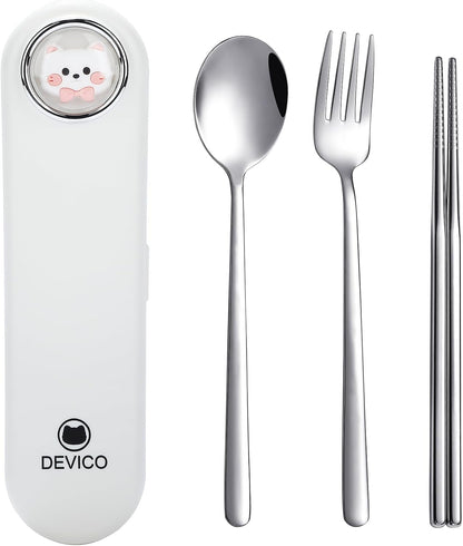 Travel Utensils with Case Cute, Reusable Silverware for Lunch, 4Pcs Portable Cutlery Set, 18/8 Stainless Steel Fork Spoon Chopsticks in Cartoon Case, Dishwasher Safe (Light Yellow)