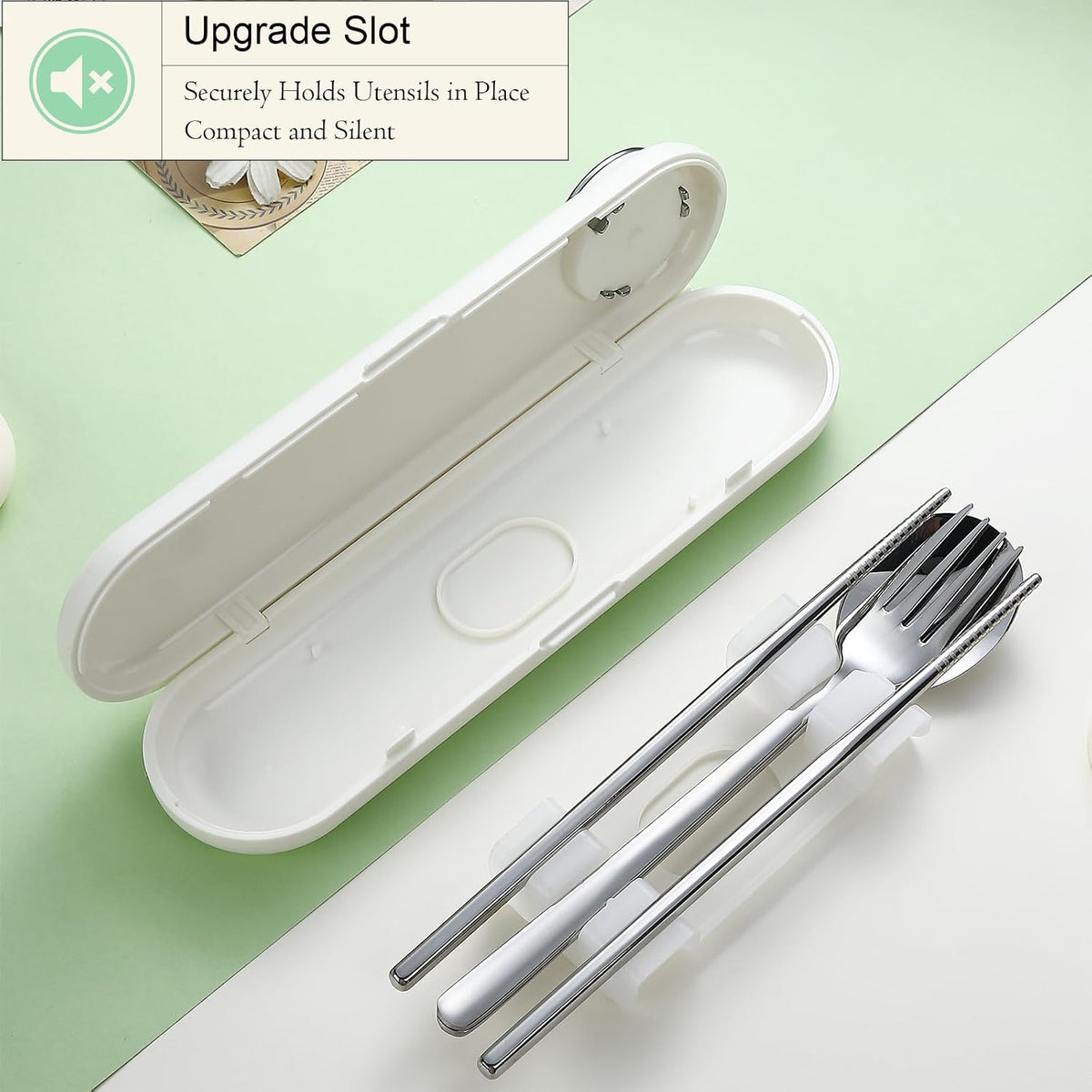 Travel Utensils with Case Cute, Reusable Silverware for Lunch, 4Pcs Portable Cutlery Set, 18/8 Stainless Steel Fork Spoon Chopsticks in Cartoon Case, Dishwasher Safe (Light Yellow)