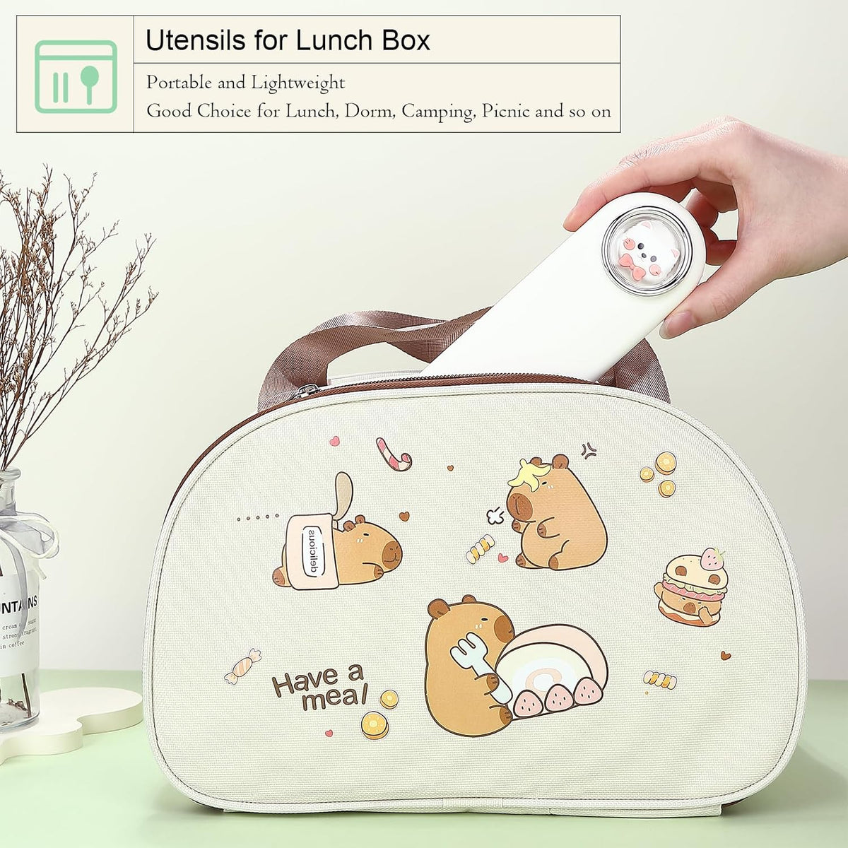 Travel Utensils with Case Cute, Reusable Silverware for Lunch, 4Pcs Portable Cutlery Set, 18/8 Stainless Steel Fork Spoon Chopsticks in Cartoon Case, Dishwasher Safe (Light Yellow)