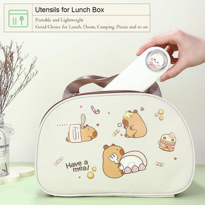 Travel Utensils with Case Cute, Reusable Silverware for Lunch, 4Pcs Portable Cutlery Set, 18/8 Stainless Steel Fork Spoon Chopsticks in Cartoon Case, Dishwasher Safe (Light Yellow)