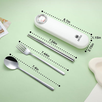 Travel Utensils with Case Cute, Reusable Silverware for Lunch, 4Pcs Portable Cutlery Set, 18/8 Stainless Steel Fork Spoon Chopsticks in Cartoon Case, Dishwasher Safe (Light Yellow)